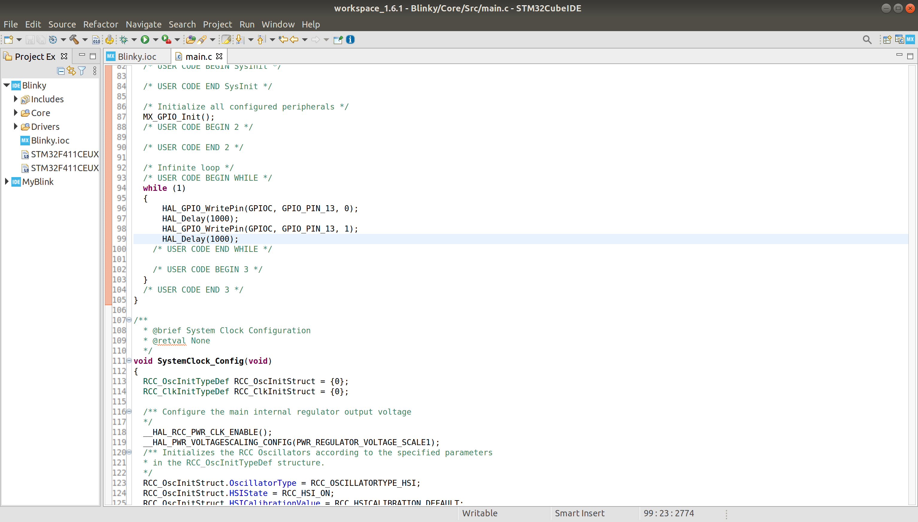 STM32Cube IDE main.c file open